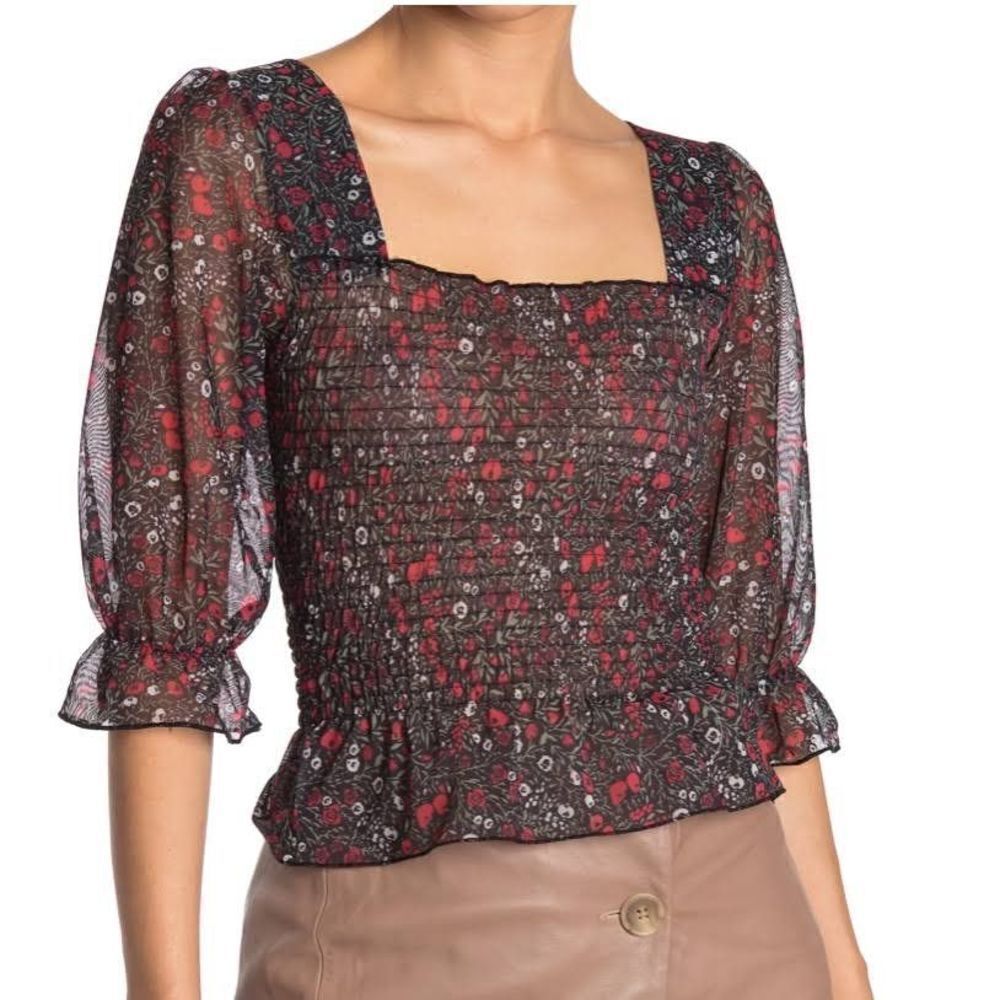 NWT Topshop Floral Smocked Top Womens 2 Strappy Back Roses Ruffle Trim Square Ne